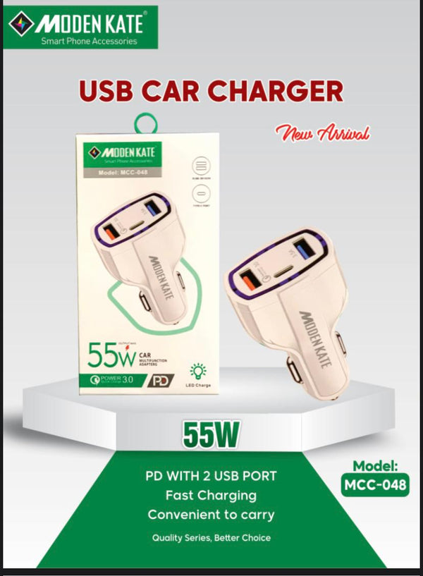 Moden Kate 55W PD Car Charger – Dual USB Fast Charging Adapter (MCC-048)