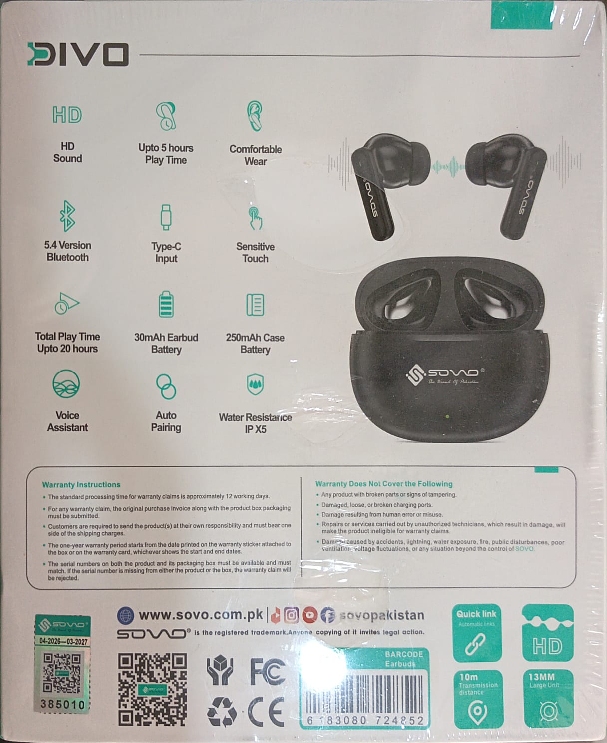 1 YEAR WARRANTY SOVO DIVO Series SBT-901 True Wireless Earbuds – Lossless Sound Quality, Bluetooth 5.4, 20H Playtime 1 YEAR WARRANTY